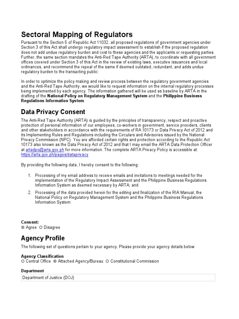 Arta Sample Form Sectoral Mapping of Regulators PDF