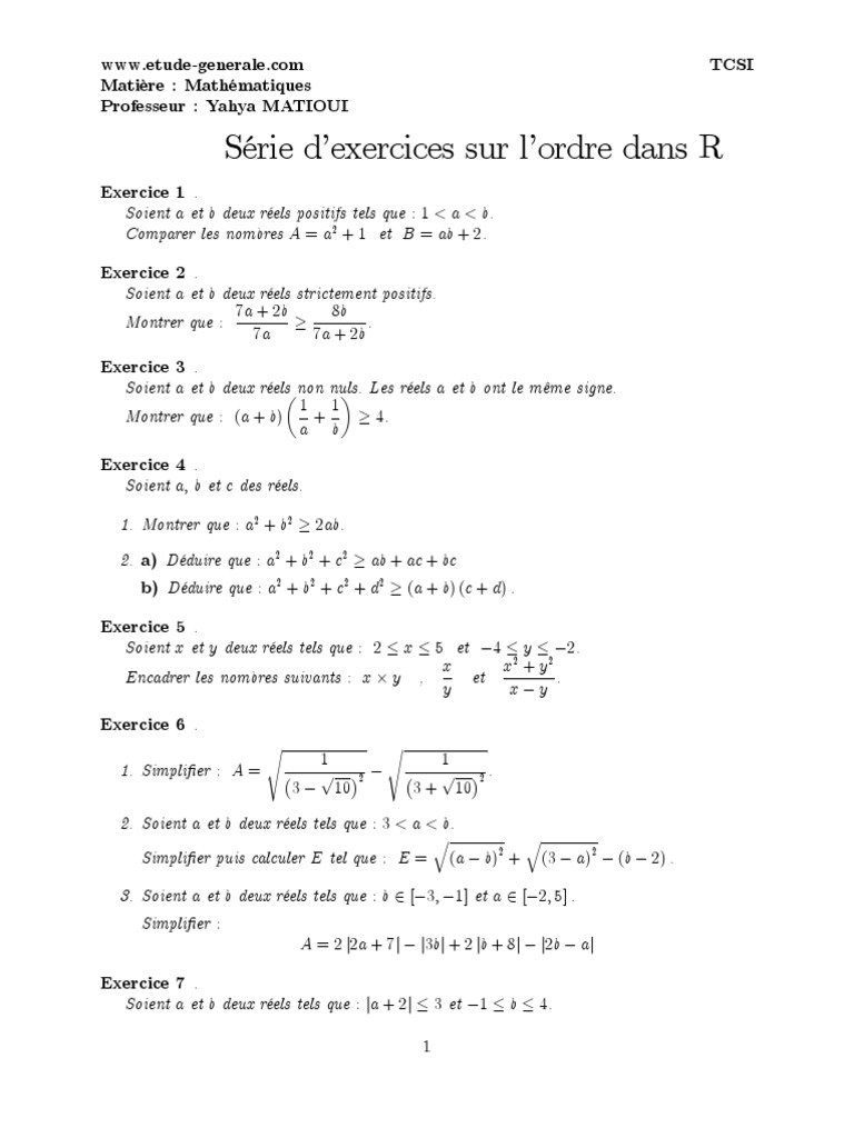 Exercices corrigés : ordre dans R | PDF | Mathématiques