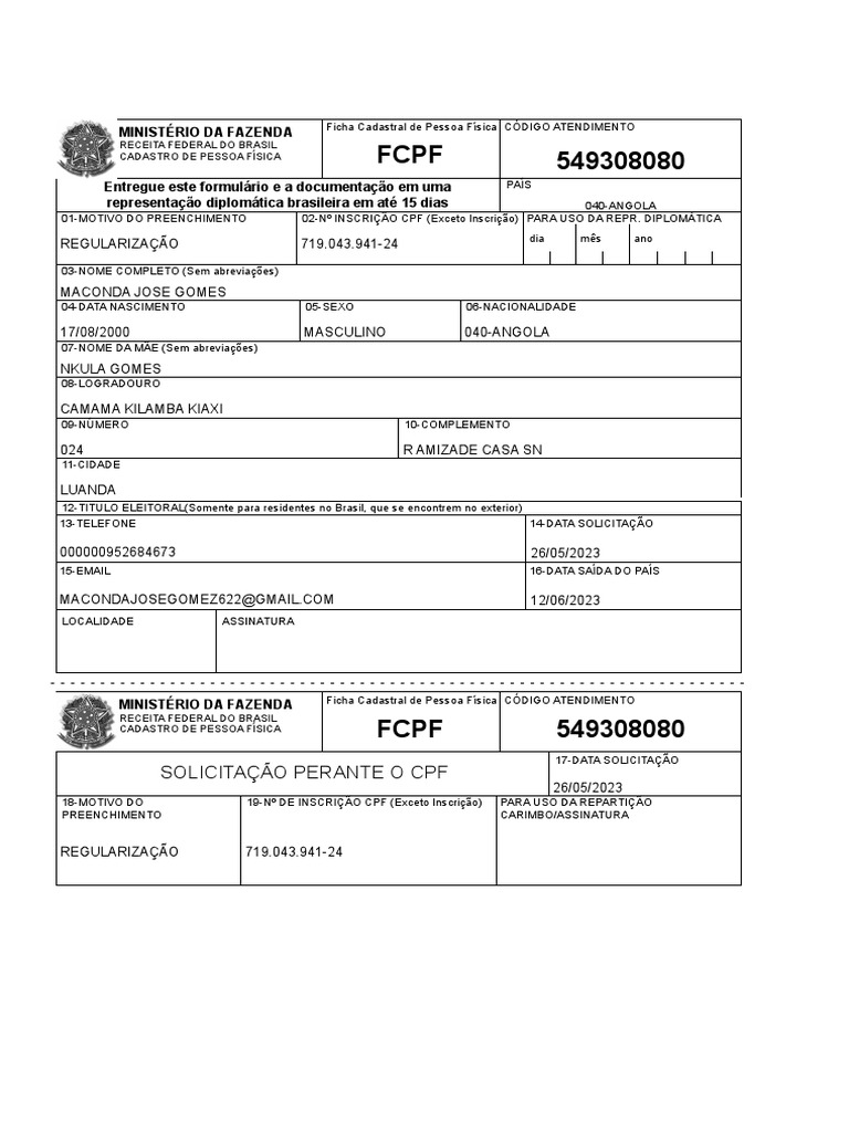 Cadastro de CPF em Angola | PDF