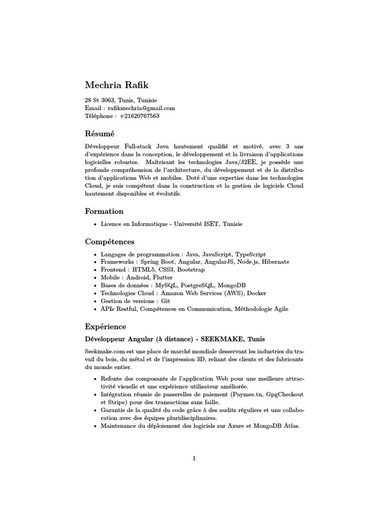 Développeur Full Stack Java en Tunisie | PDF