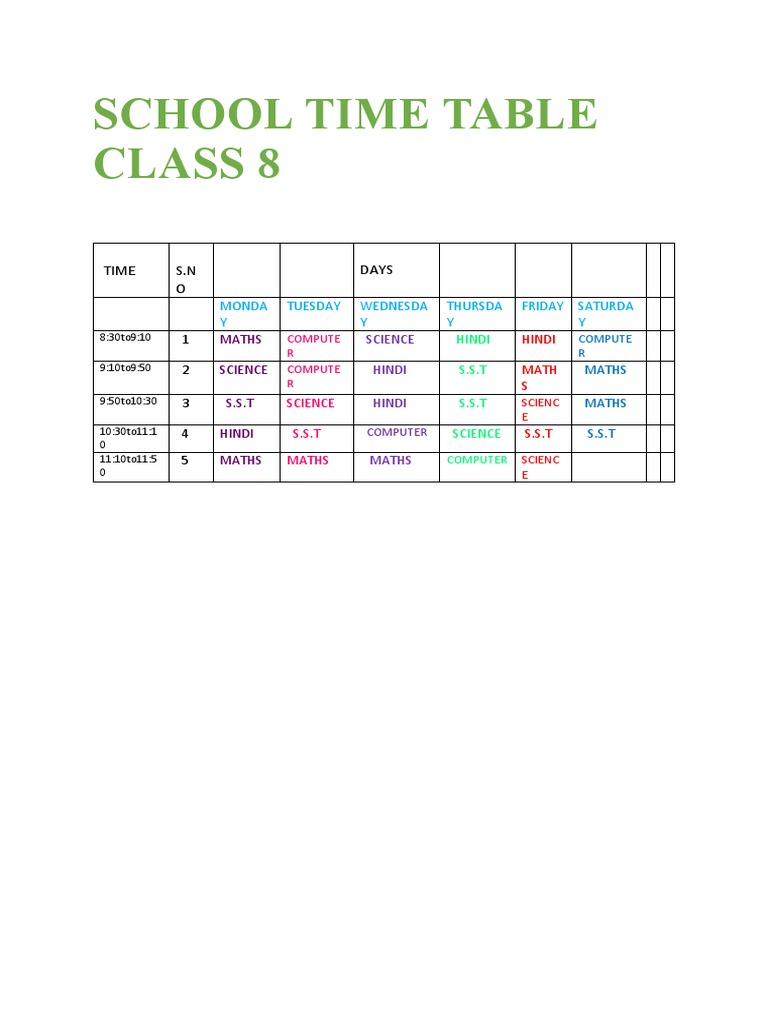 School time table class 8 pdf