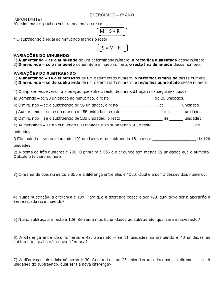 Exercícios - Subtração - Mudanças (Minuendo e Subtraendo) - 6° Ano | PDF