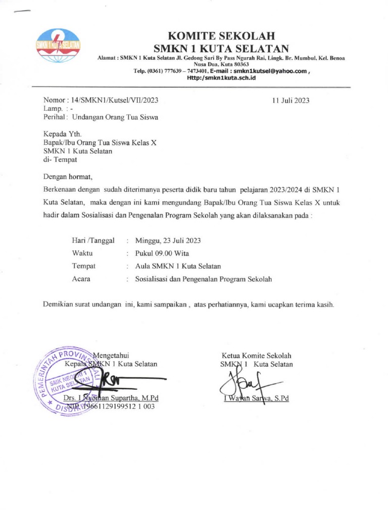 Surat Undangan Orang Tua Siswa Kelas X | PDF