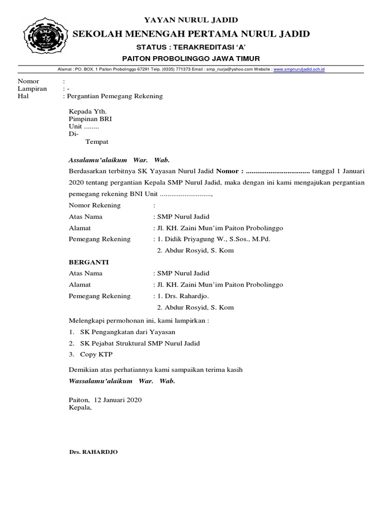 Surat Permohonan Pergantian Specimen Bank PDF