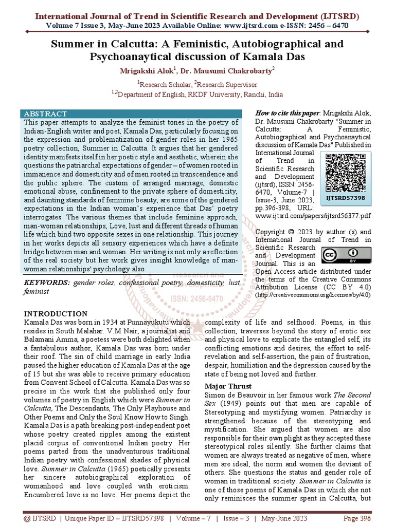 Summer in Calcutta A Feministic, Autobiographical and Psychoanaytical