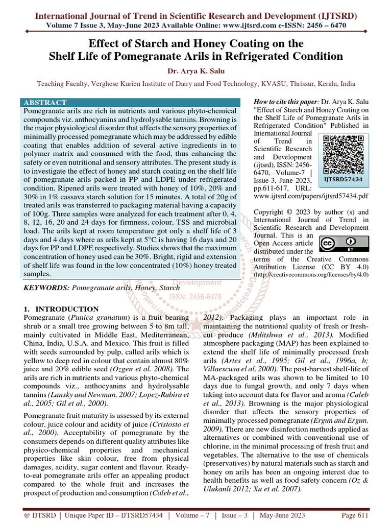 Effect of Starch and Honey Coating On The Shelf Life of Pomegranate