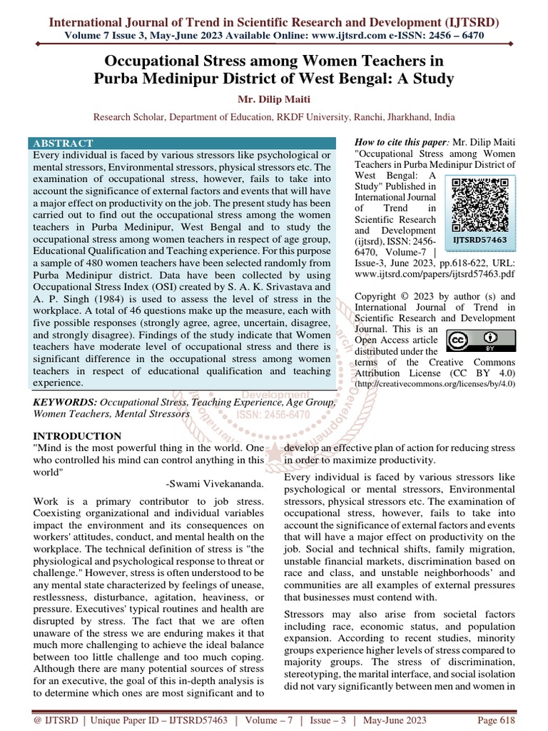 Occupational Stress Among Women Teachers in Purba Medinipur District of ...