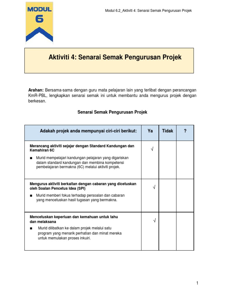 Toolkit 6.2 - Aktiviti 4 Senarai Semak Pengurusan Projek | PDF
