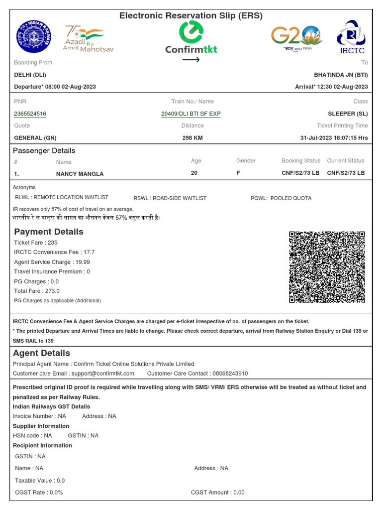 IRCTC E-Ticket Details & Instructions | PDF | Identity Document