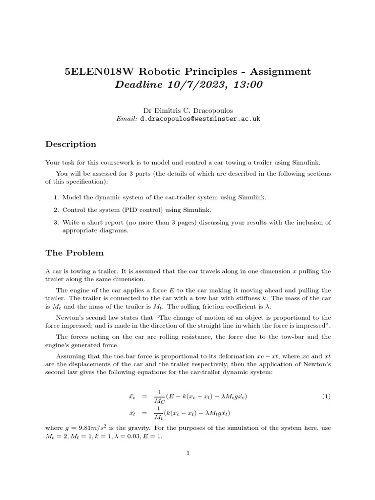 Car-Trailer System Simulation Assignment | PDF