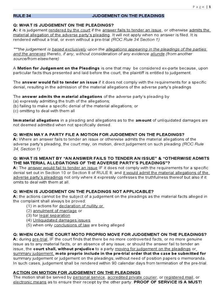 Judgement On The Pleadings Summary Judgments PDF