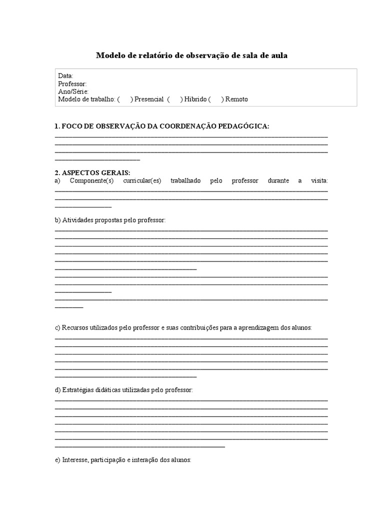 Modelo de Relatório de Observação de Sala de Aula | PDF