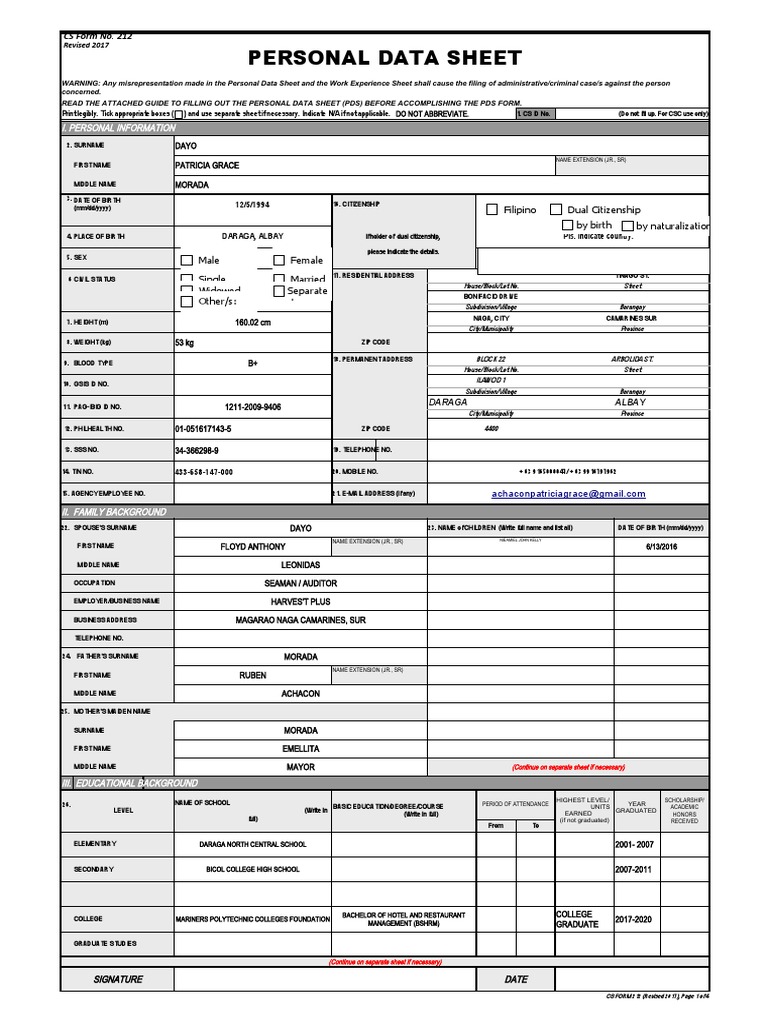 CS Form No. 212 Personal Data Sheet Revised (2022) | PDF