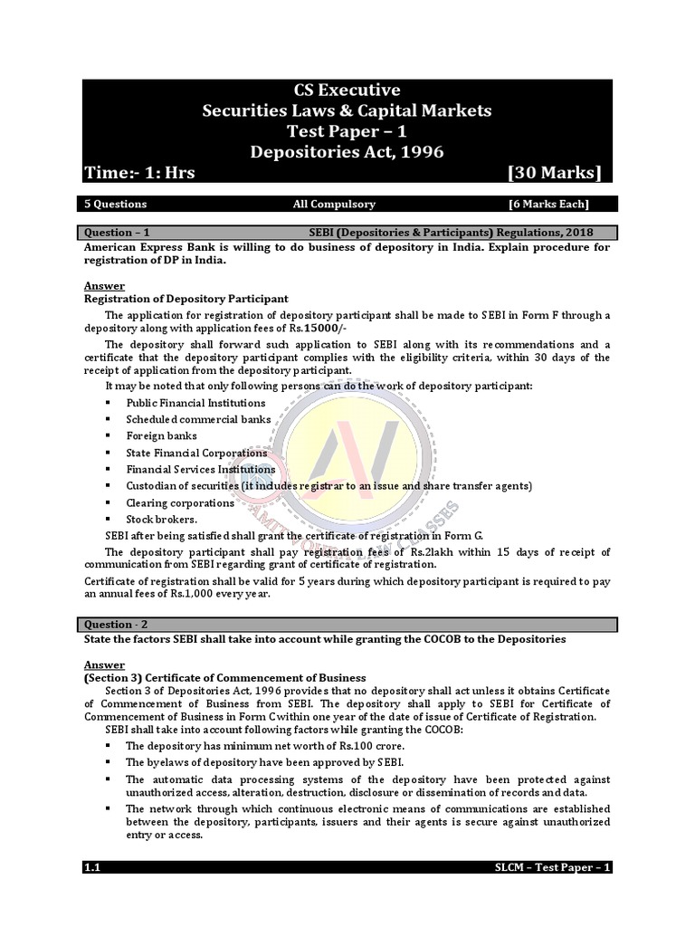 Overview of the Depositories Act, 1996 | PDF | Securities (Finance ...