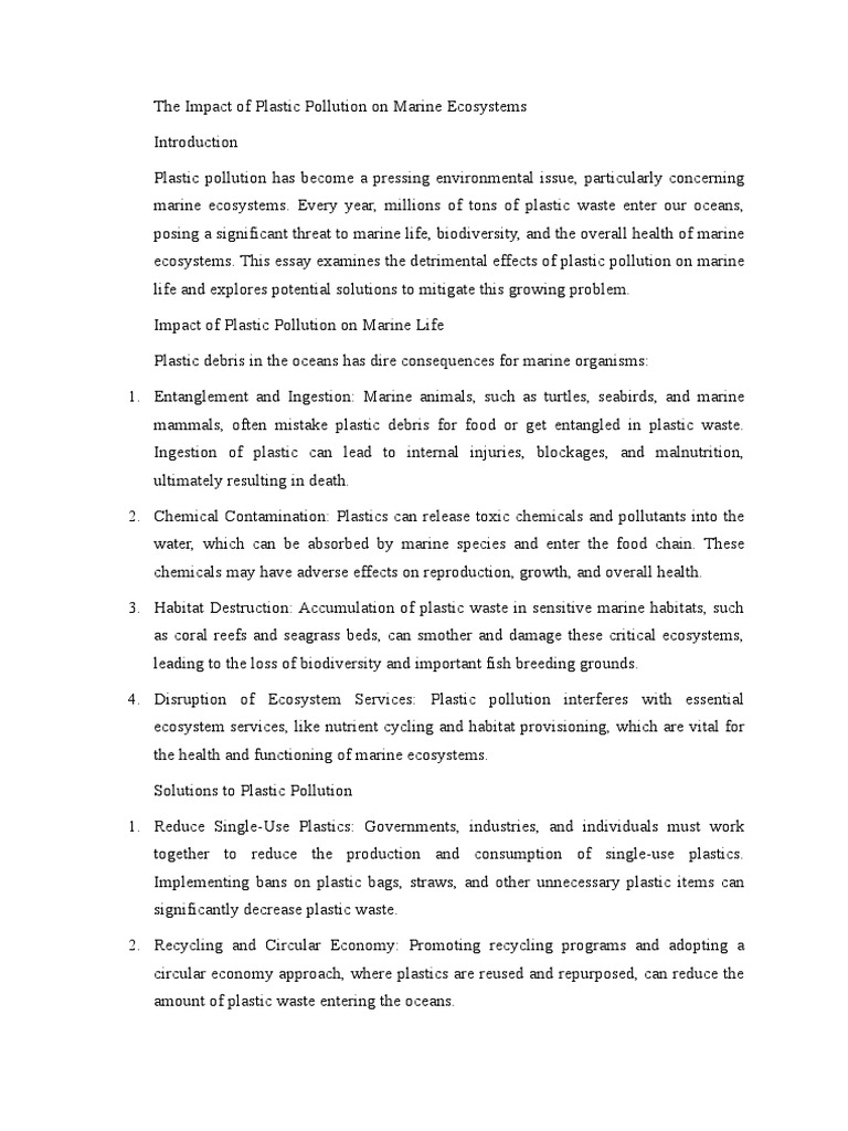 The Impact of Plastic Pollution On Marine Ecosystems | PDF