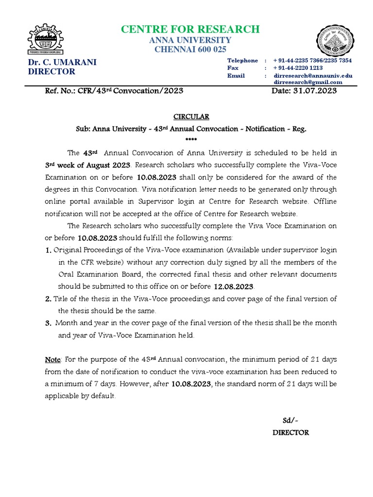 Anna University 43rd Convocation Notice | PDF | Thesis