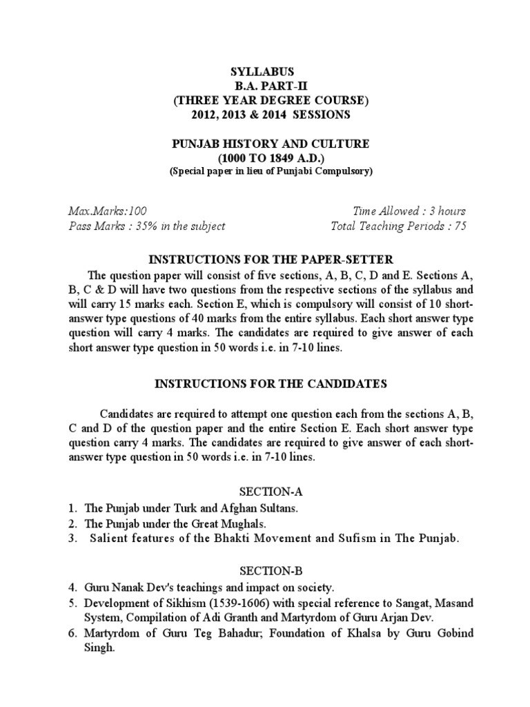 B A Part Ii Iii Subject Punjab History Culture Pdf Punjab