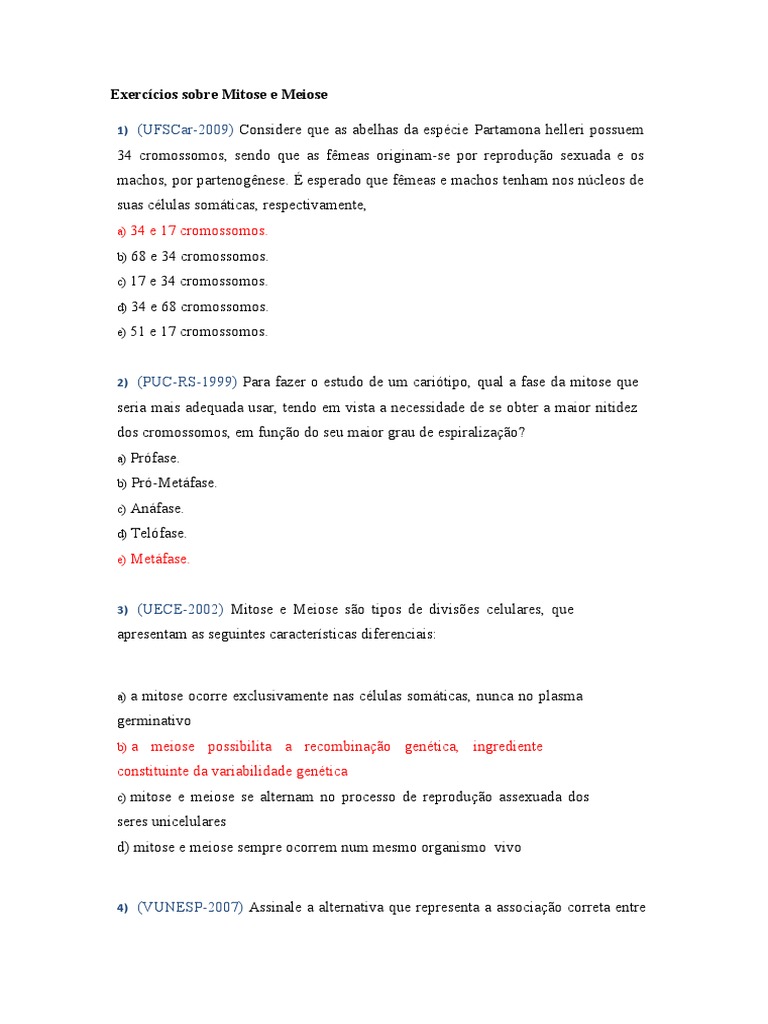 Exercícios Sobre Mitose e Meiose 2 | PDF | Meiose | Mitose