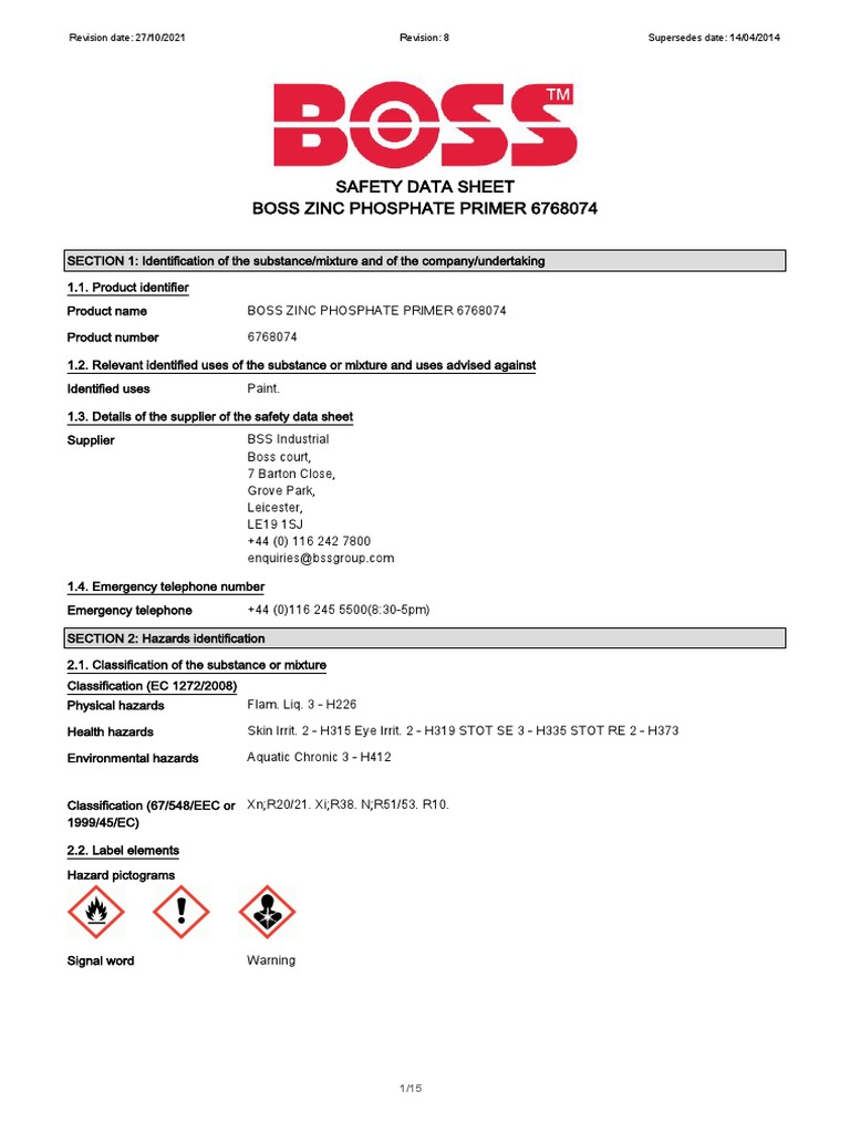 Boss Zinc Phosphate Primer Sds 06768074 PDF Waste Management