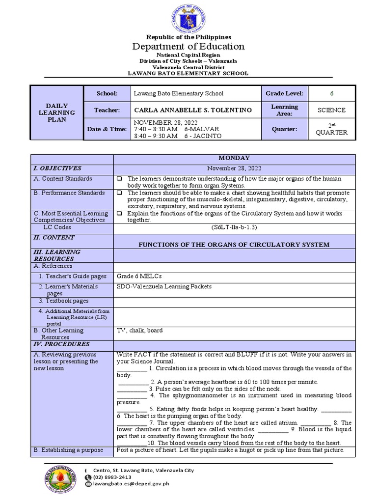 Grade 6 Science Daily Learning Plan | PDF