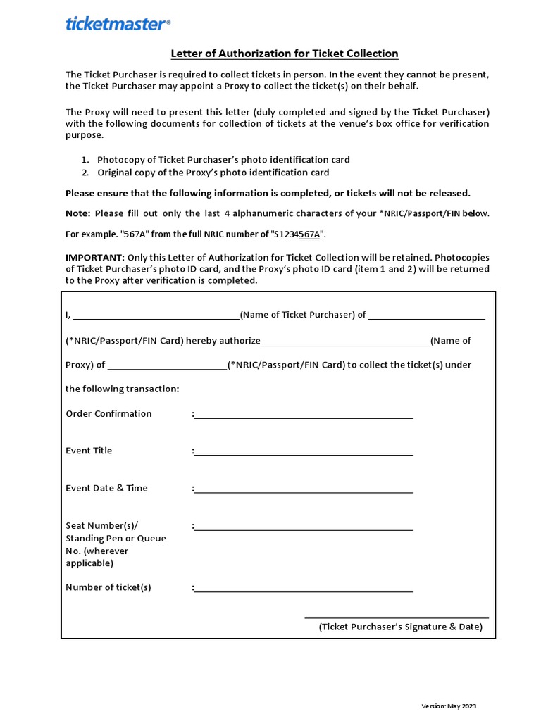 Authorization Letter for Ticket Collection | PDF