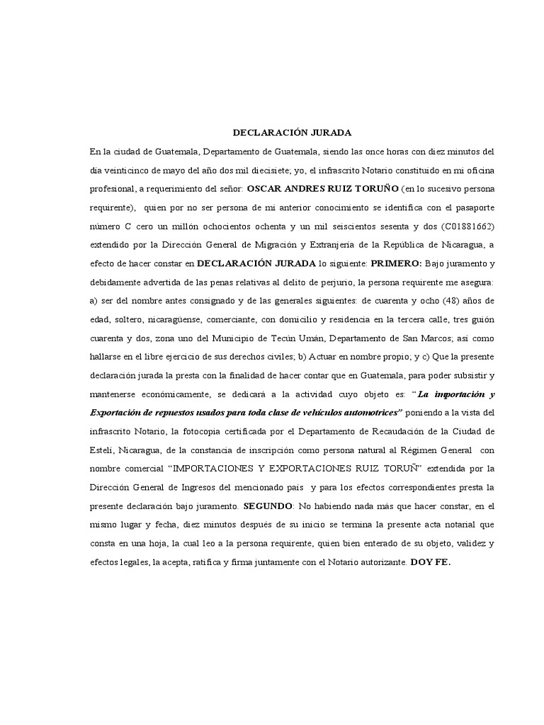 Declaración Jurada de Viajero en Guatemala | PDF