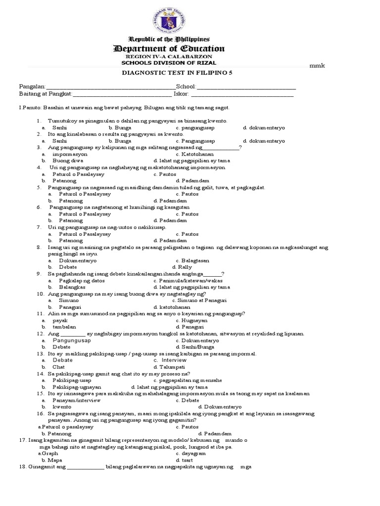 Diagnostic Test in Filipino 5 PDF