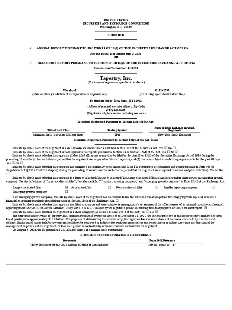 Tapestry, Inc. (Exact Name of Registrant As Specified in Its Charter