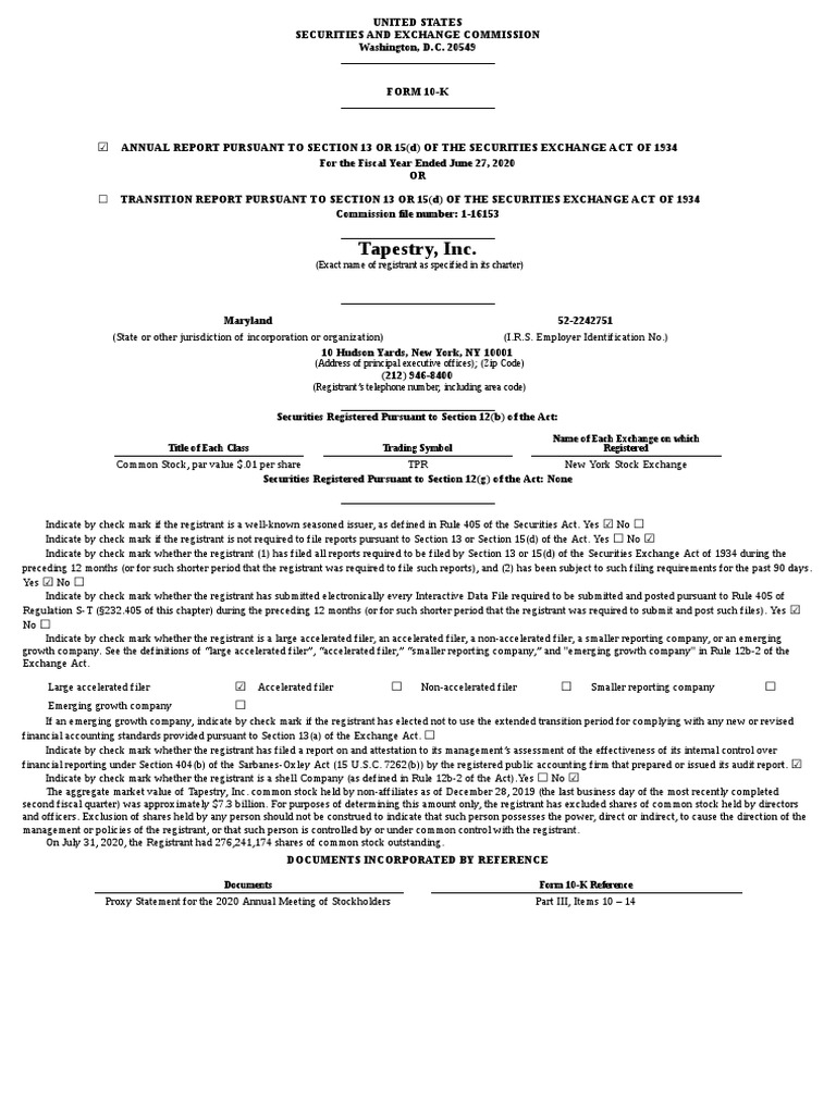 Tapestry, Inc. (Exact Name of Registrant As Specified in Its Charter