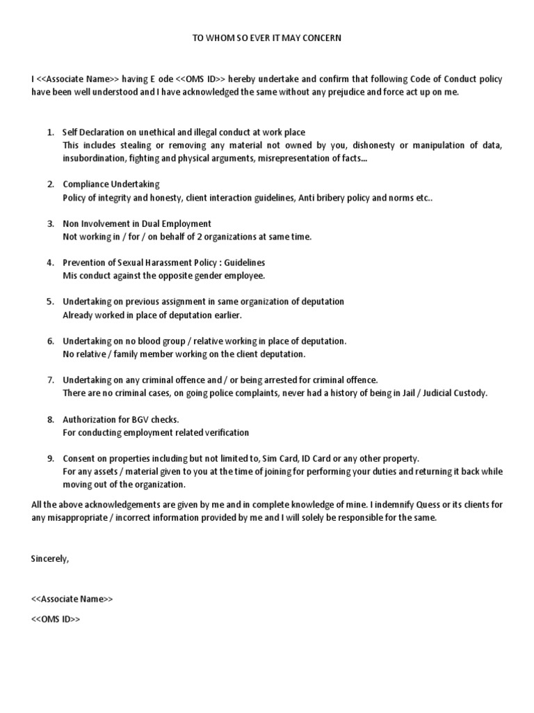 Code of Conduc Undertaking Form GS | PDF