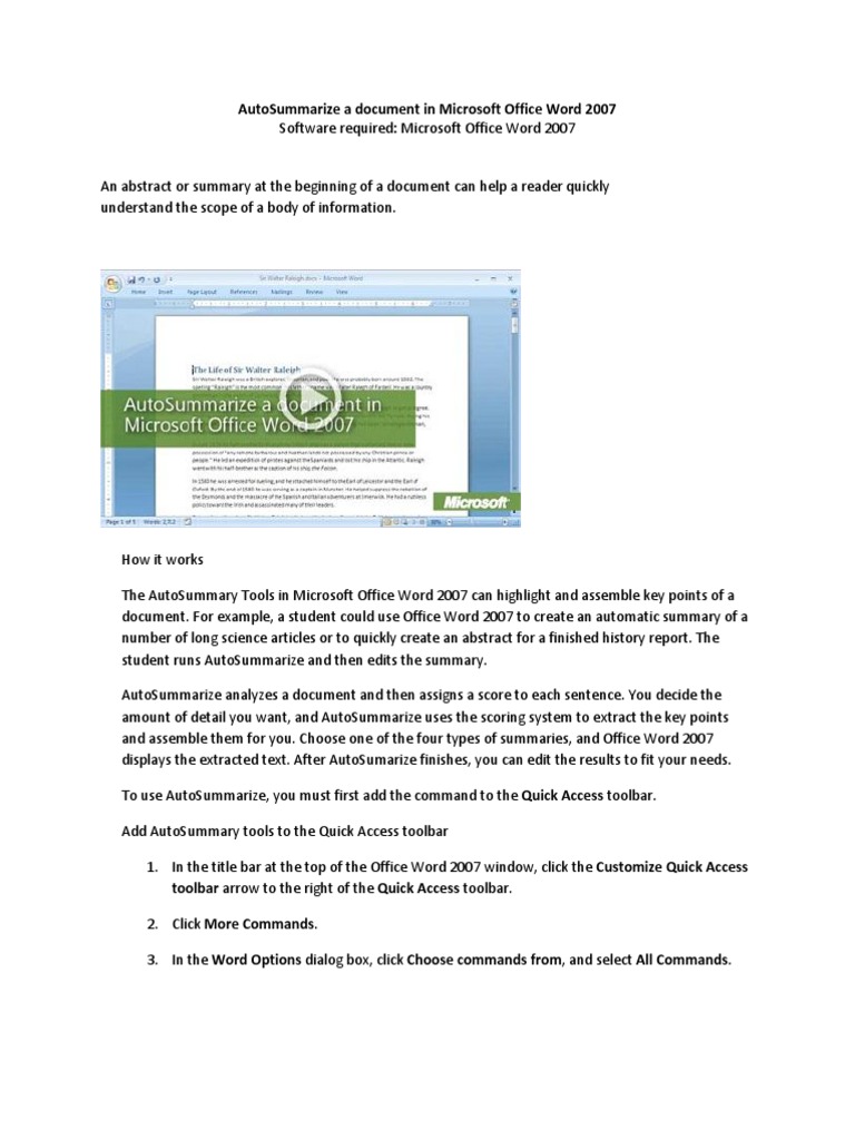 AutoSummarize in Word 2007 Guide | PDF | Dialog Box | Microsoft Word