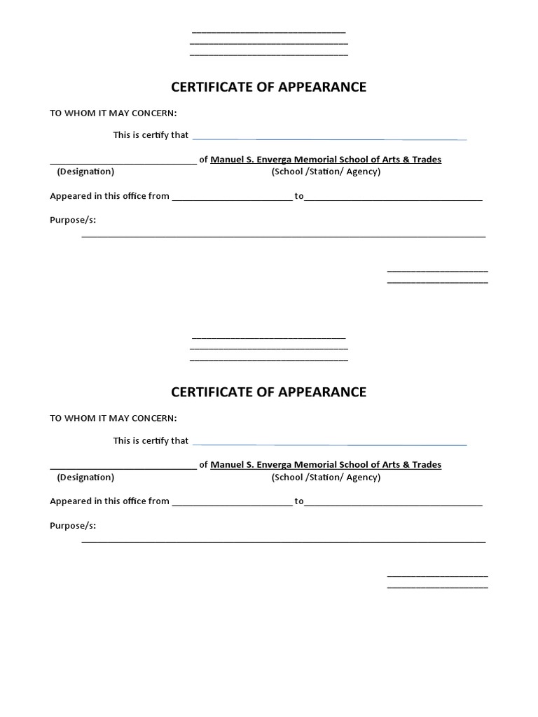 Certificate of Appearance Template | PDF