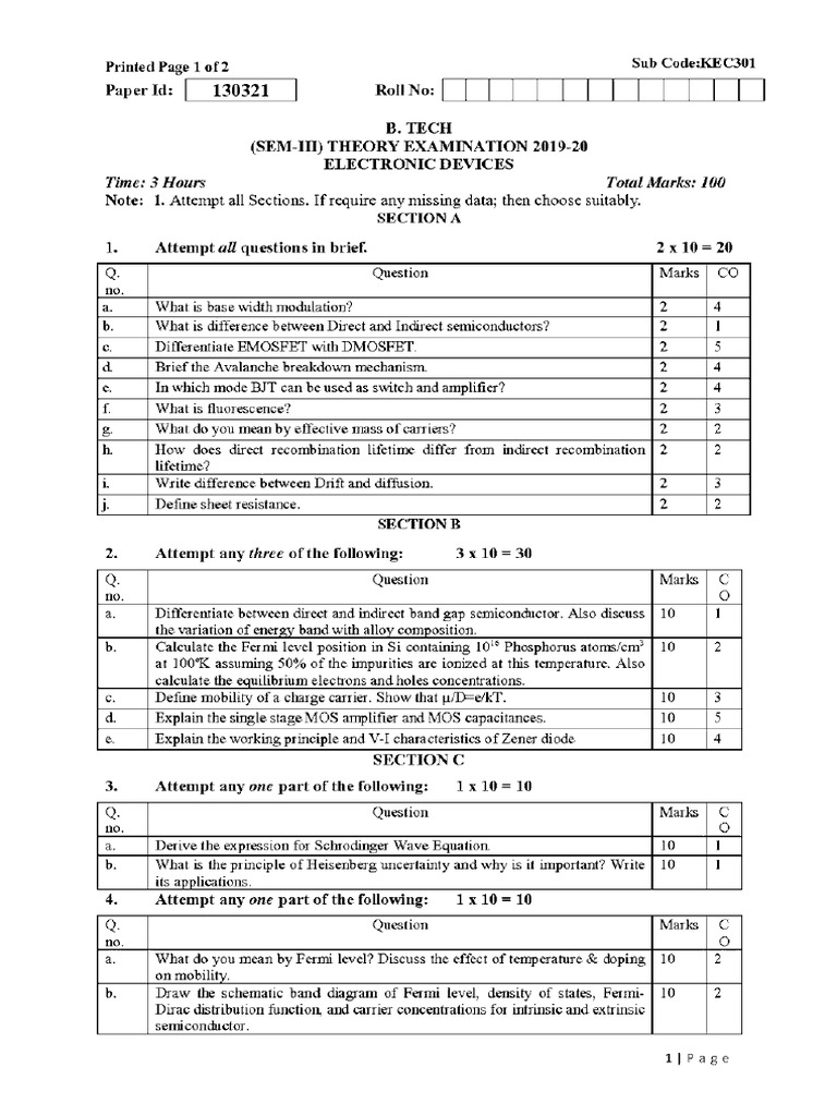 Btech Ec 3 Sem Electronic Devices Kec301 2020 | PDF