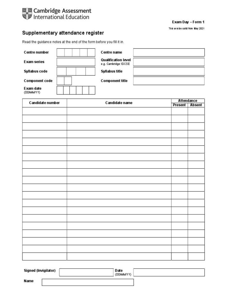 Supplementary Attendance Register Exam Day Form 1 PDF