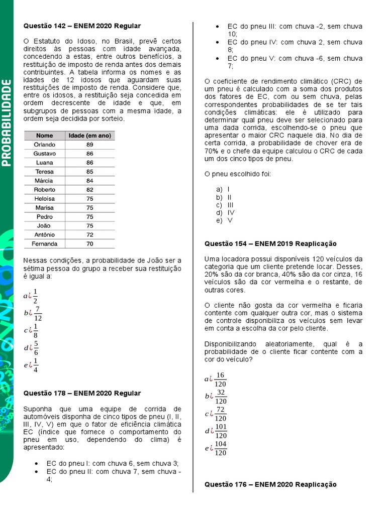 Probabilidade em Questões do ENEM | PDF | Pneu | Probabilidade