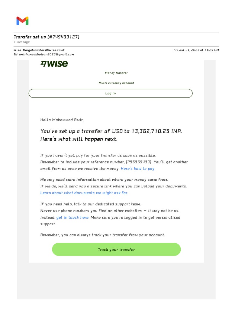 Gmail - Transfer Set Up (#749499127) | PDF