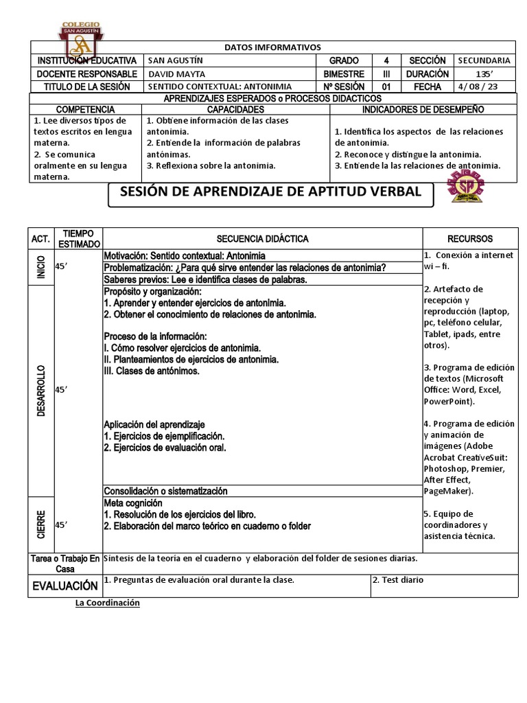 Sesión de Aprendizaje: Antonimia 4to Grado | PDF | Evaluación | Aprendizaje