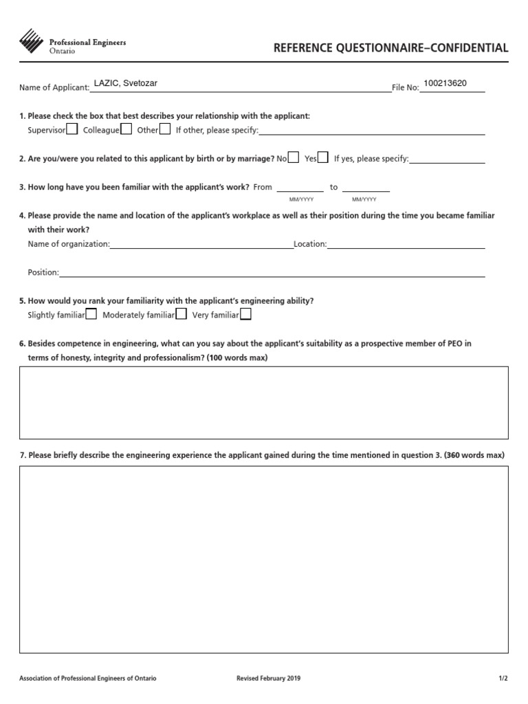 PEO Experience Record Reference Form | PDF | Engineering | Business