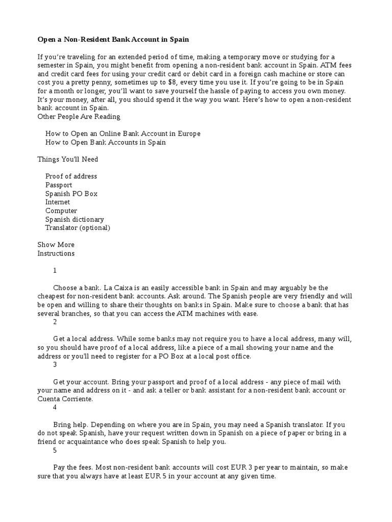 How To Open A Non Resident Bank Account In Spain Pdf