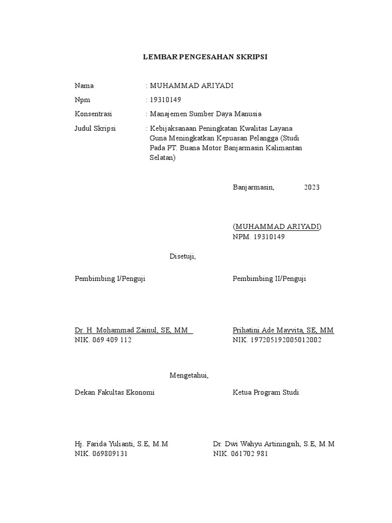 Lembar Pengesahan Skripsi 2023 | PDF