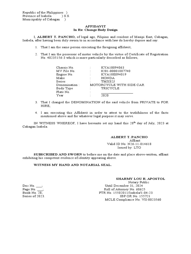 Affidavit for Change of Body Design | PDF | Affidavit | Notary Public