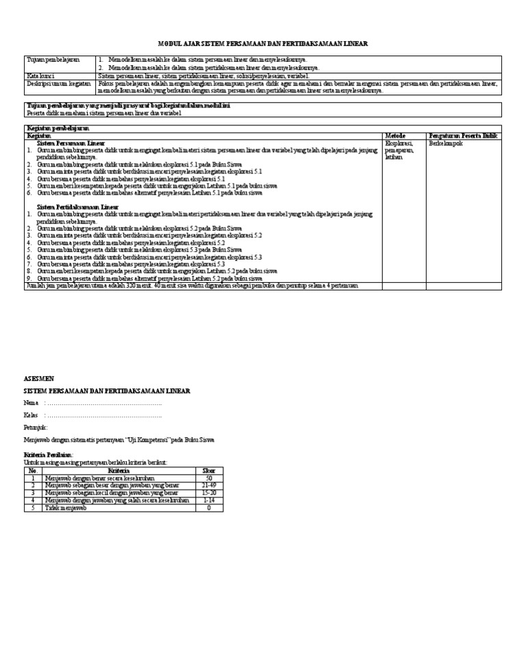 Modul ajar sistem persamaan dan pertidaksamaan linear pdf