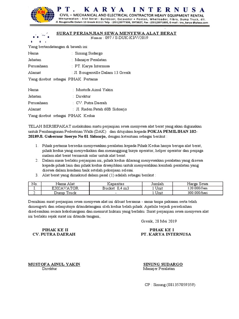Perjanjian Sewa Alat Berat PT Karya Internusa | PDF