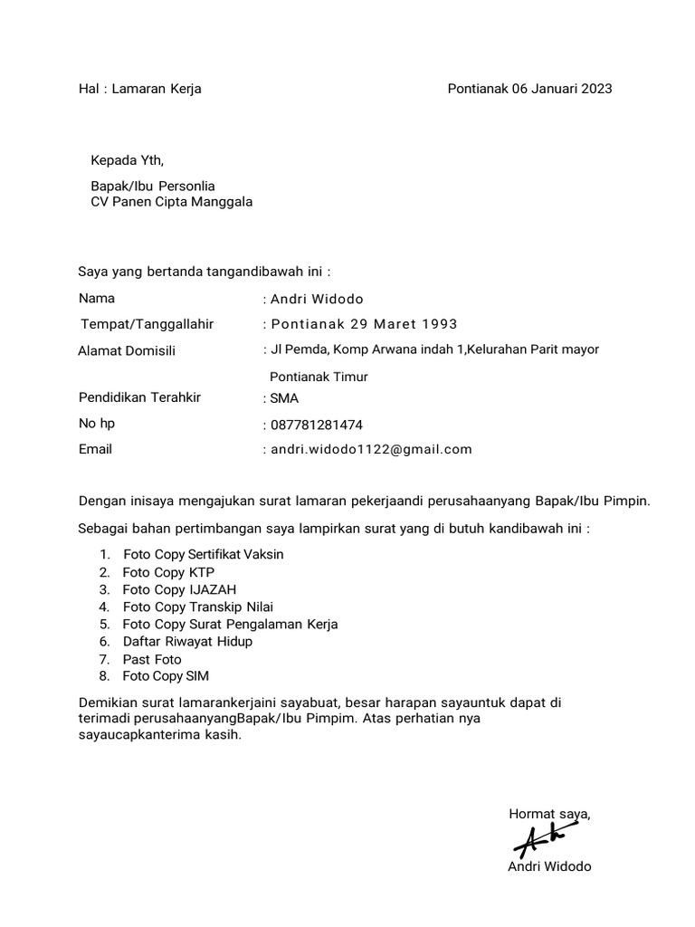 Lamaran Kerja Andri Widodo | PDF