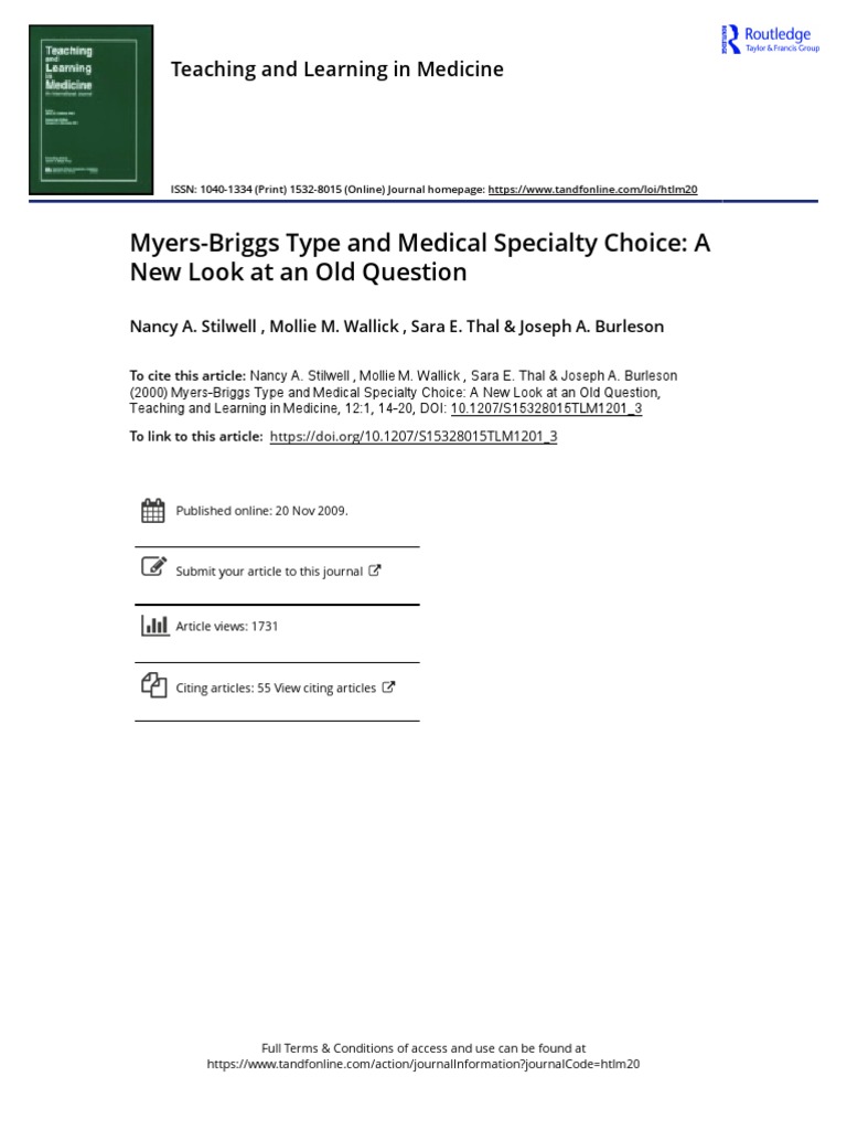 Myers briggs type and medical specialty choice a new look at an old