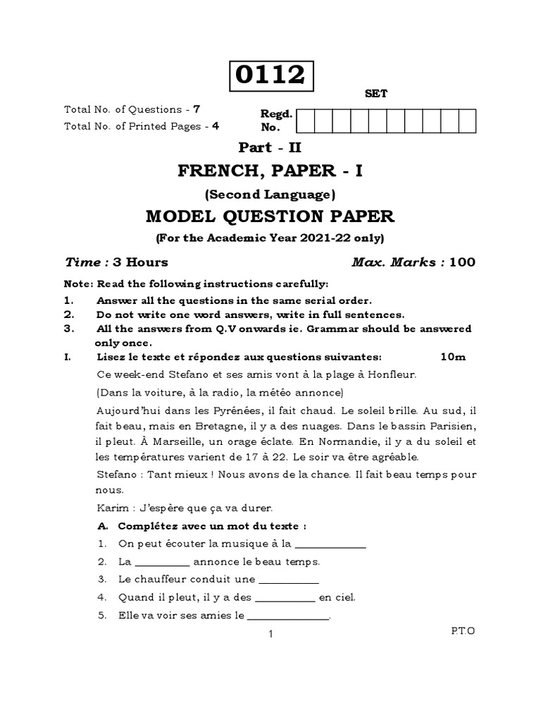 French Model Paper Intermediate 11th PDF
