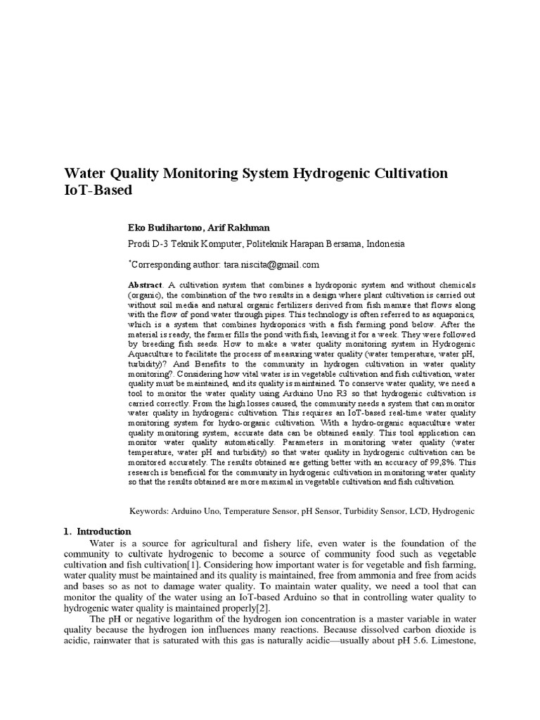 Water Quality Monitoring System Hydrogenic Cultivation Iot-Based | PDF