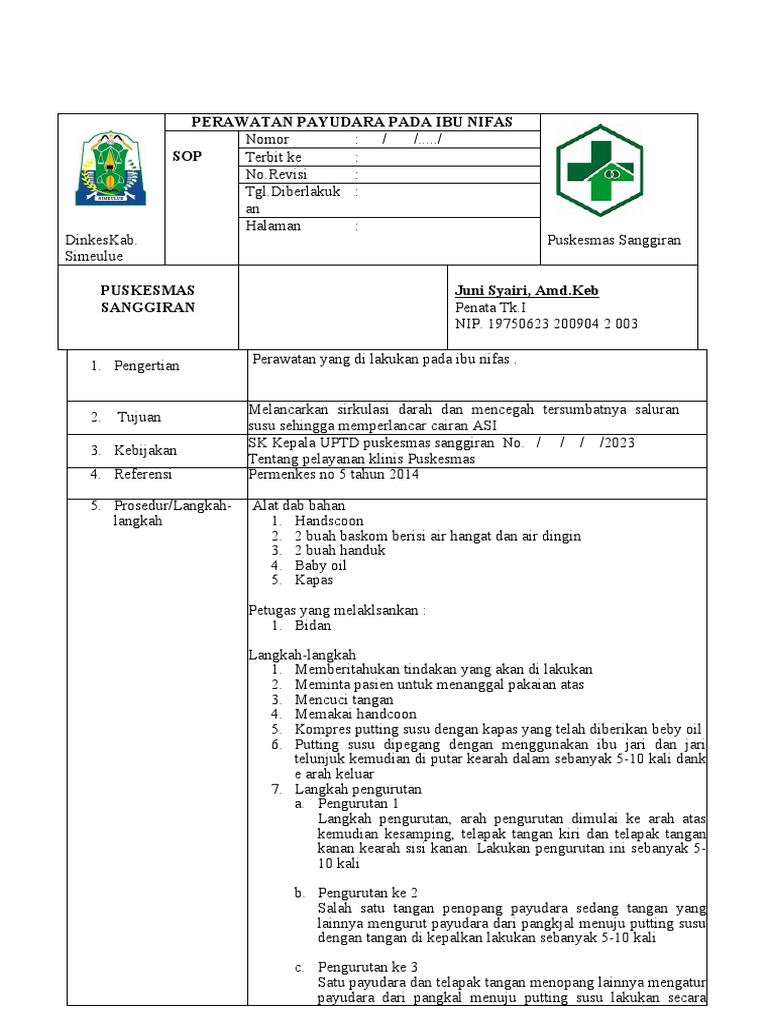 Sop Perawatan Payudara Pada Ibu Nifas 2023 | PDF