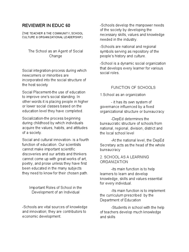 Roles of Schools in Social Change | PDF | Sociology | Leadership