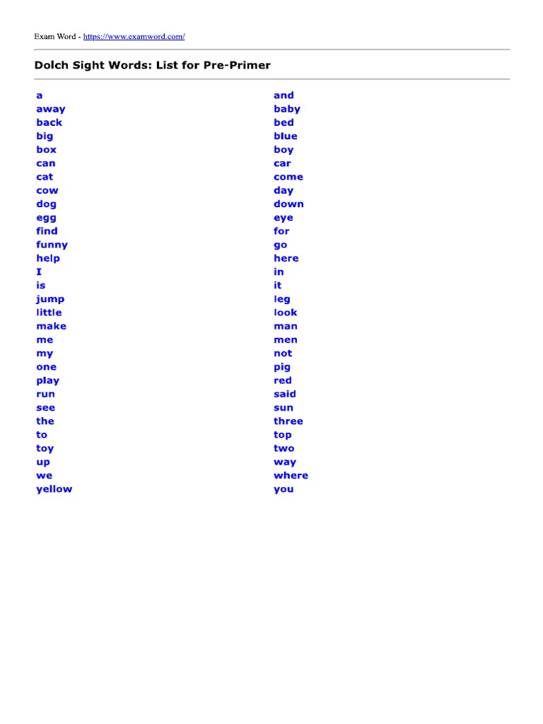 Pre primer list pdf